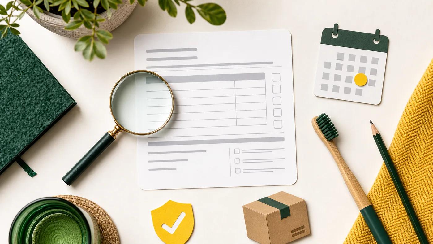 Buyer decision desk with abstract label checklist, calendar, parcel symbol, toothbrush and magnifying glass