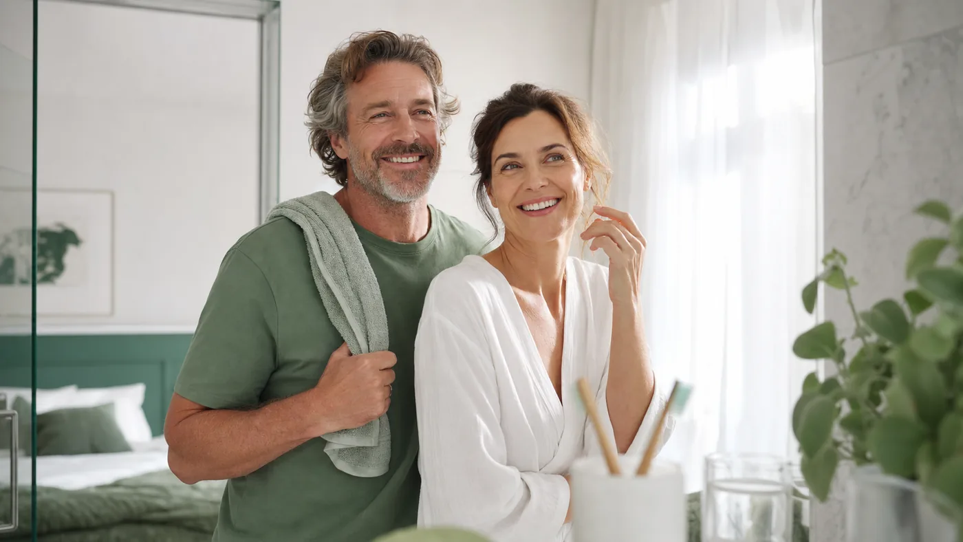Middle-aged couple beginning their day at home with a relaxed oral-wellness routine
