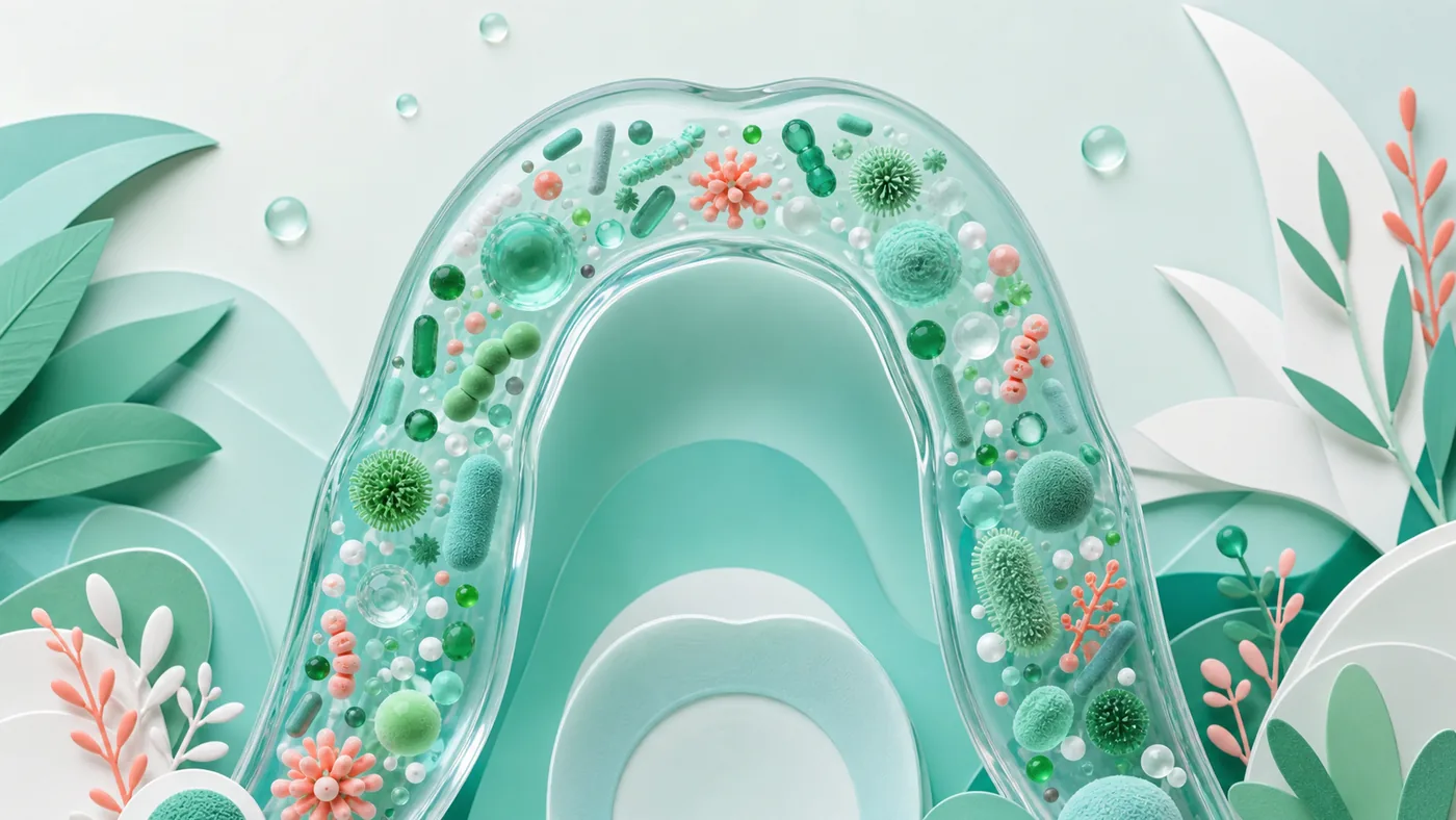 Abstract educational illustration of a diverse oral microbiome ecosystem