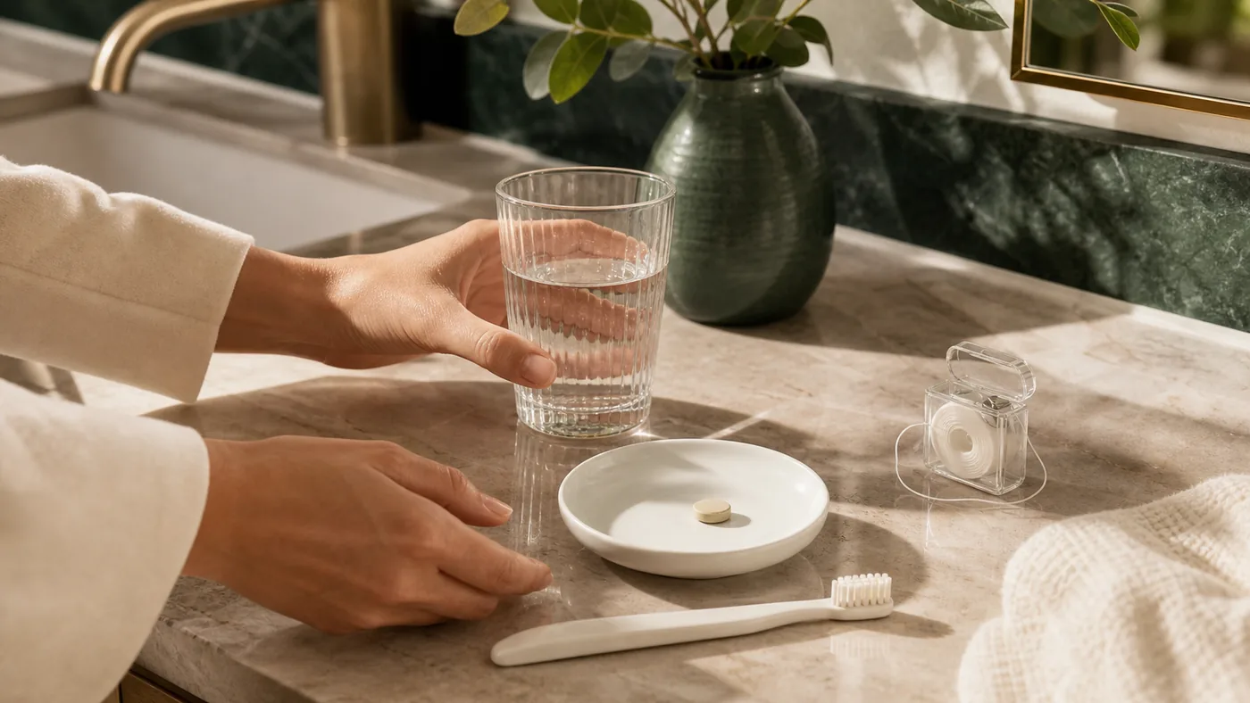 Hands arranging a toothbrush, floss, water and an unbranded chewable tablet for a morning routine